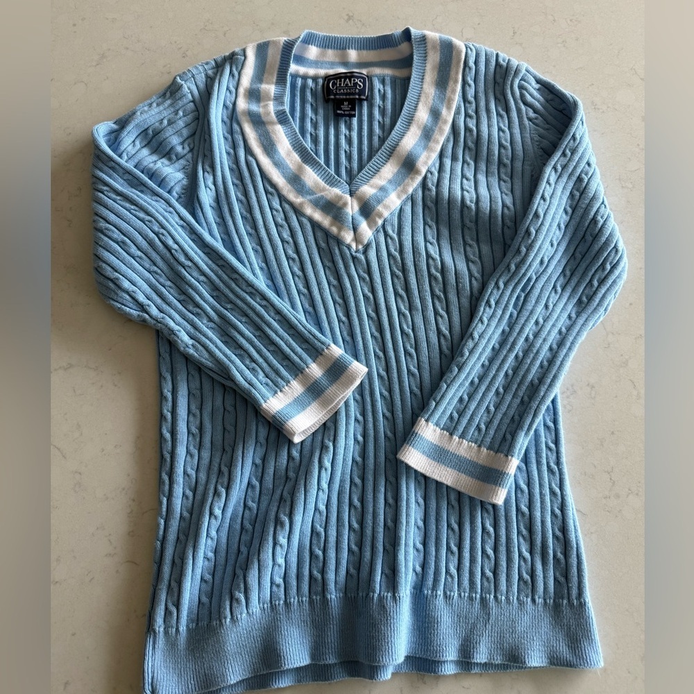 Chaps Women’s Light Blue Cable Knit V-Neck Sweater with White Trim